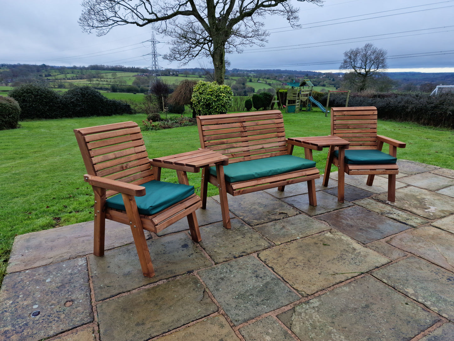 Classic Redwood 4 Seat Set 2 x Chairs 1 x Bench - Angled Trays