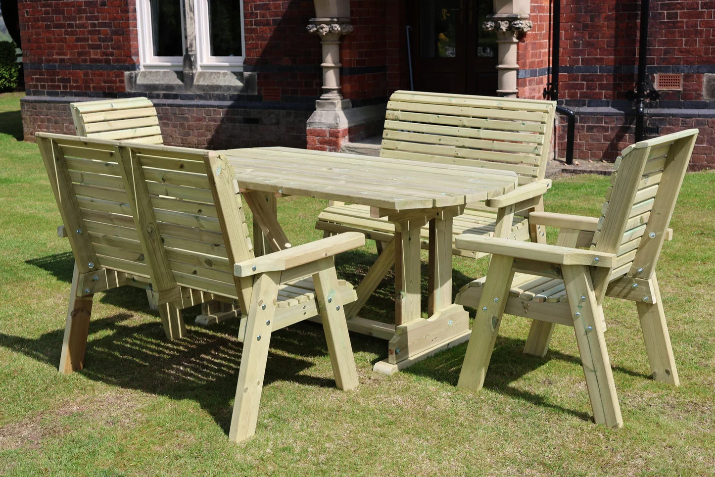 Rear view showing construction of Heritage Tanalised chairs, benches and dining table
