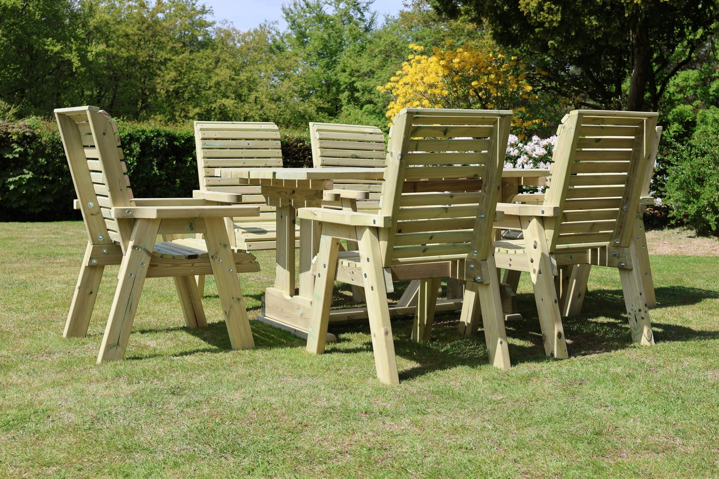 Rear view showing the construction of six Heritage Tanalised chairs and rectangular table