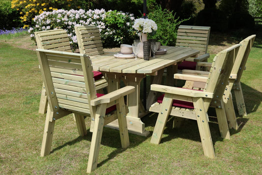 Styled Heritage Tanalised rectangular table set with six chairs and burgundy cushions