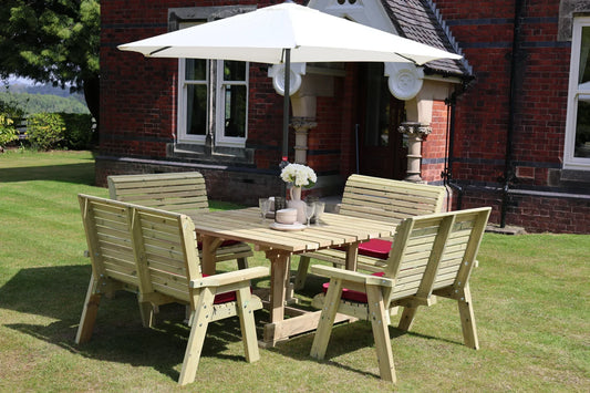 Heritage Tanalised square dining set with four cushioned benches and parasol