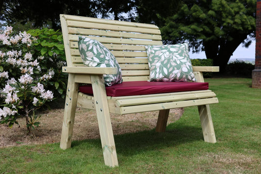 Heritage Tanalised 2 seat bench with burgundy cushion