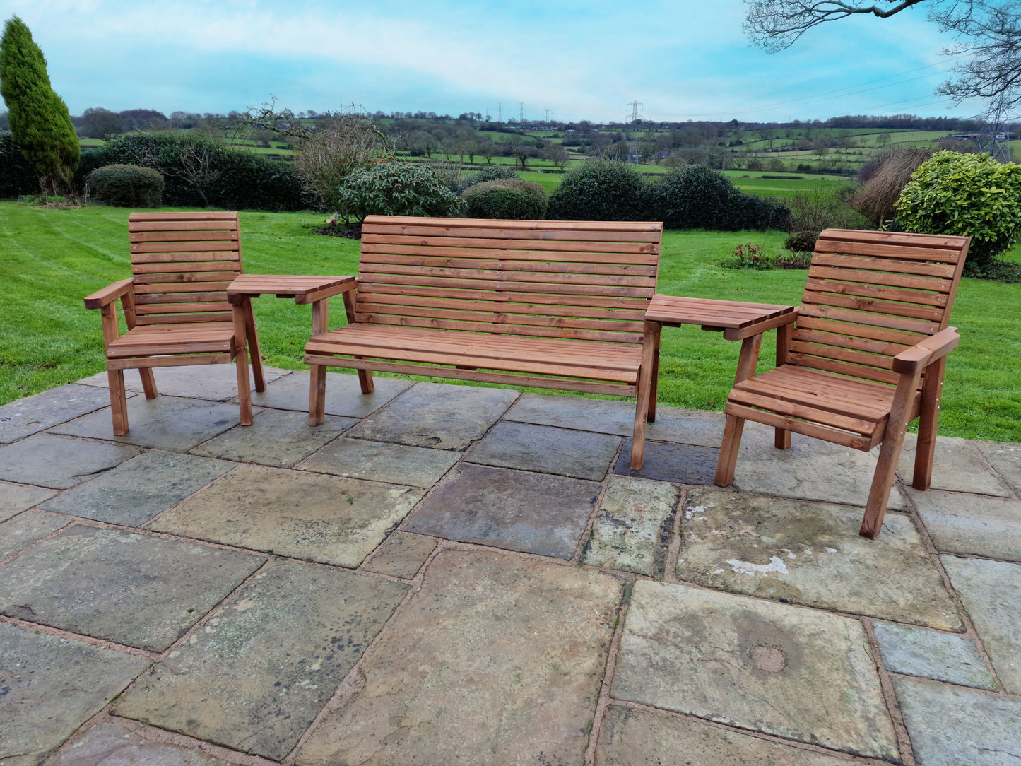 Classic Redwood 5 Seat Set 2 x Chair 1 x Bench - Angled Trays