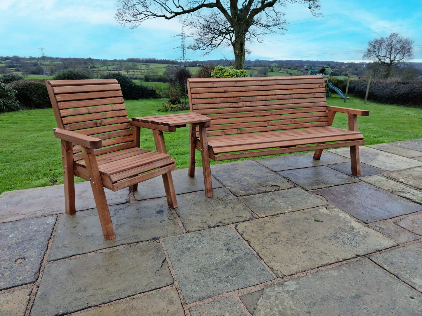 Classic Redwood 4 Seat Set 1 x Chair 1 x Bench - Angled Tray