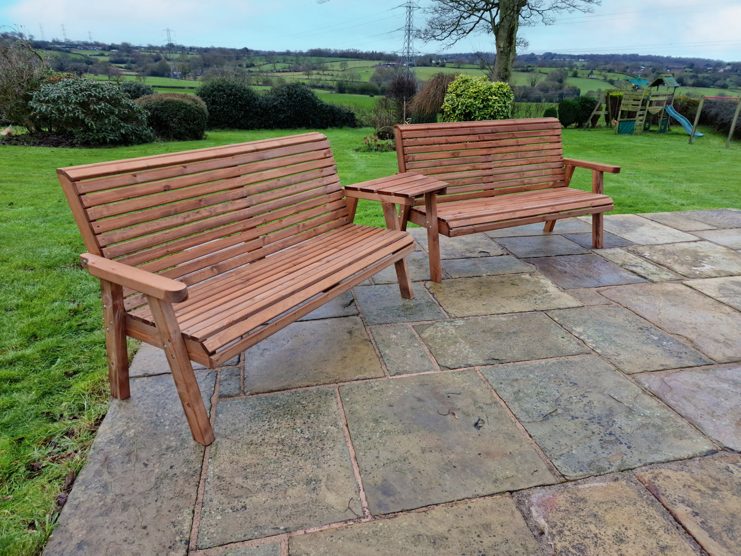 Classic Redwood 6 Seat Set 2 x Benches - Angled Tray