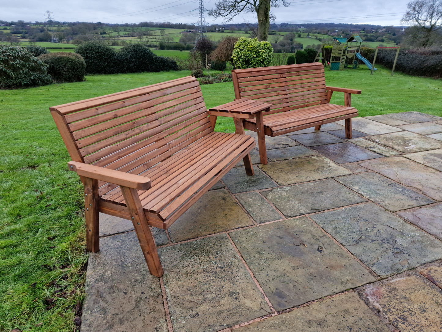 Classic Redwood 6 Seat Set 2 x Benches - Angled Tray