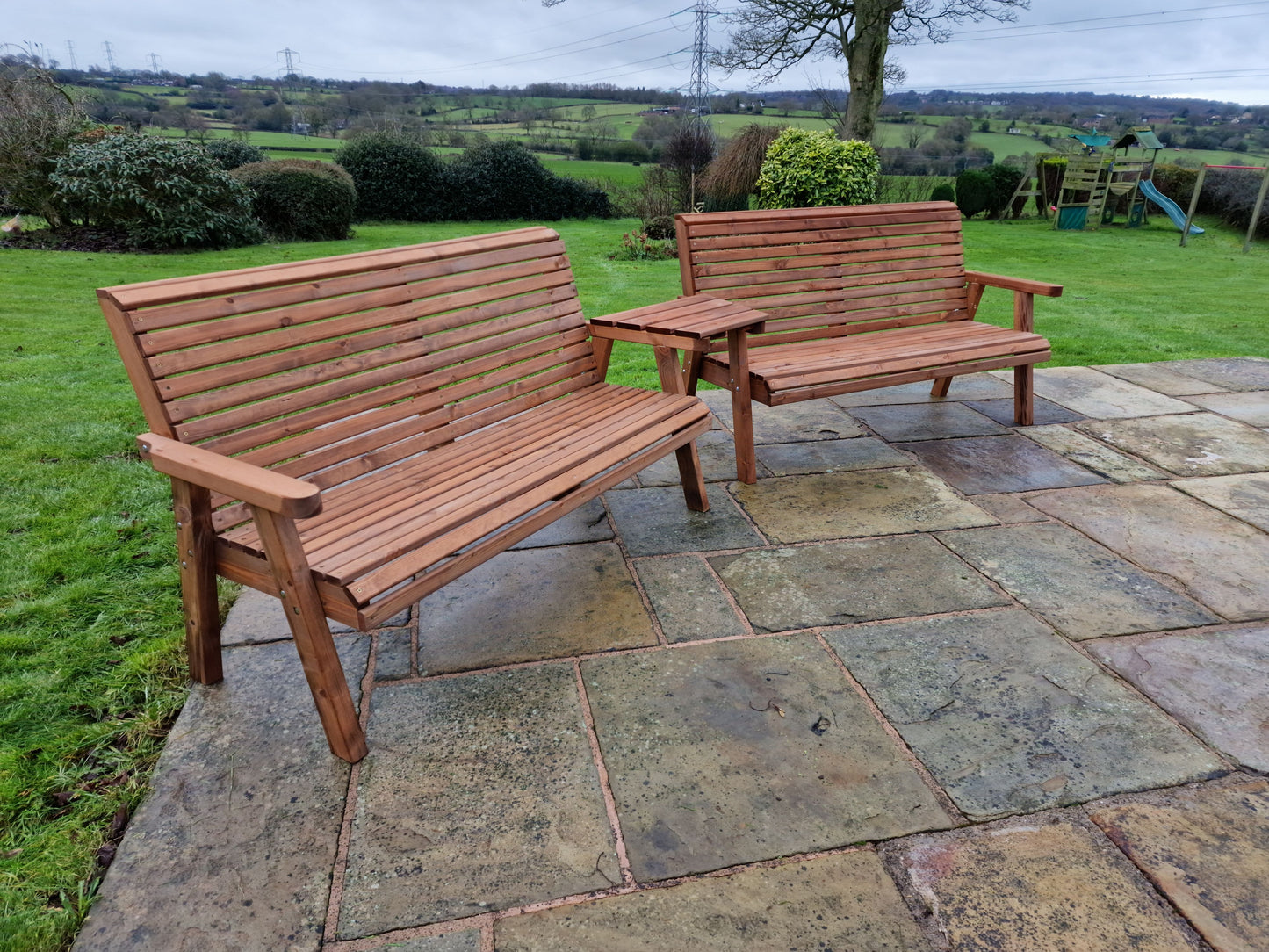 Classic Redwood 6 Seat Set 2 x Benches - Angled Tray