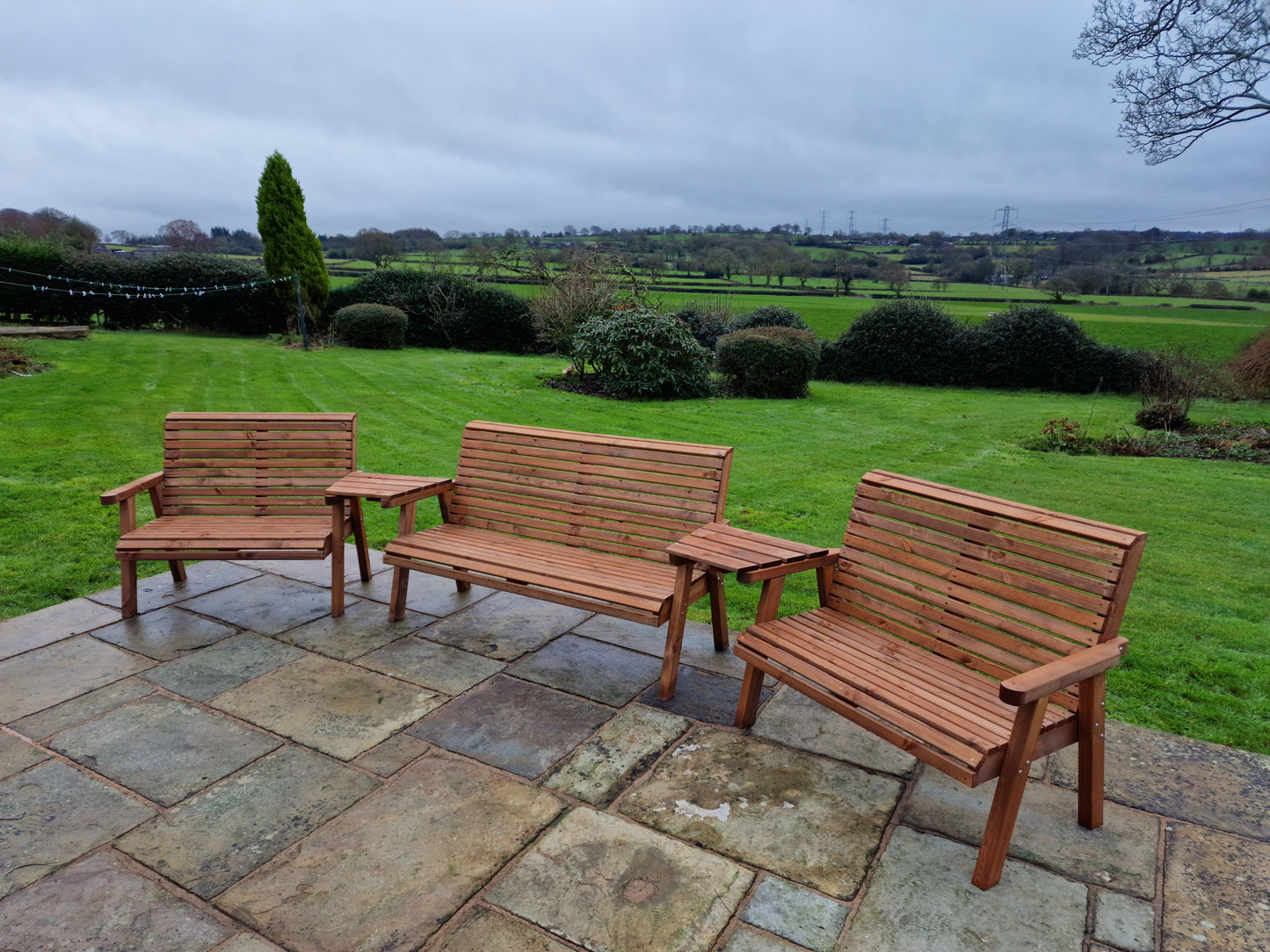 Classic Redwood 7 Seat Set 3 x Benches - Angled Trays