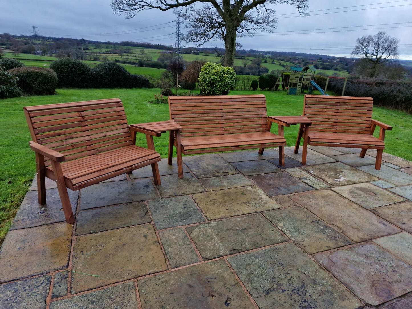 Classic Redwood 7 Seat Set 3 x Benches - Angled Trays