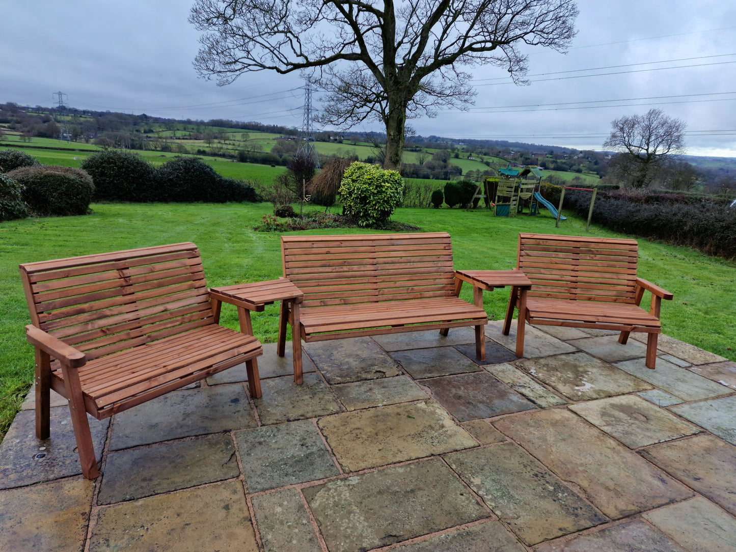 Classic Redwood 7 Seat Set 3 x Benches - Angled Trays
