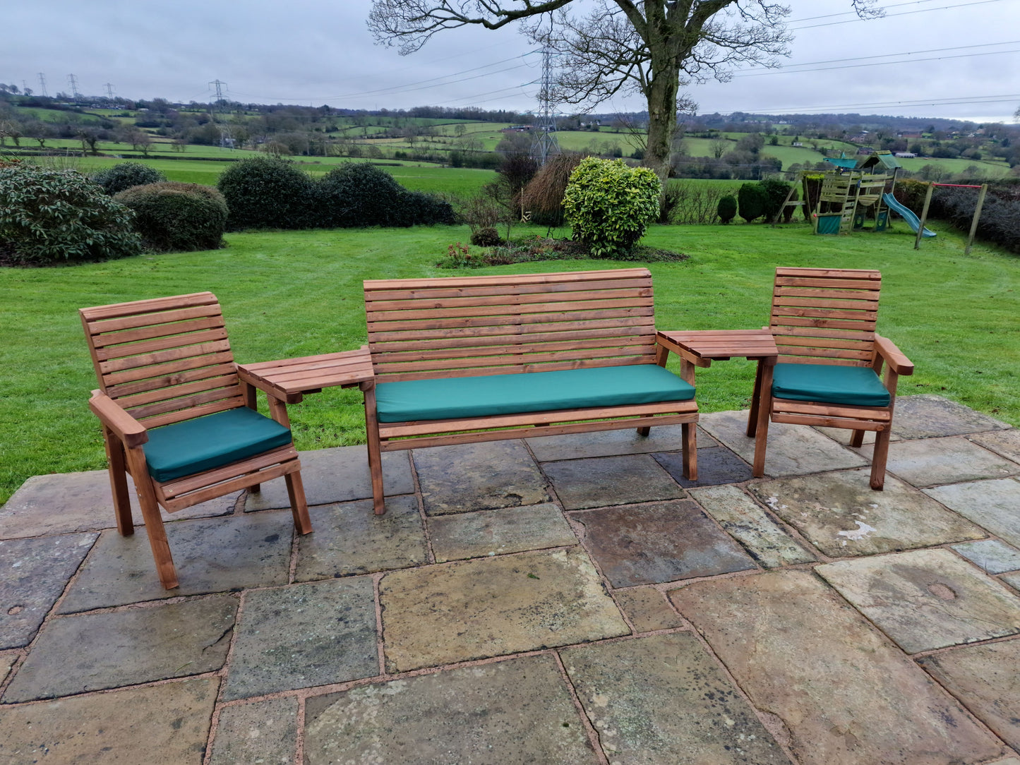 Classic Redwood 5 Seat Set 2 x Chair 1 x Bench - Angled Trays