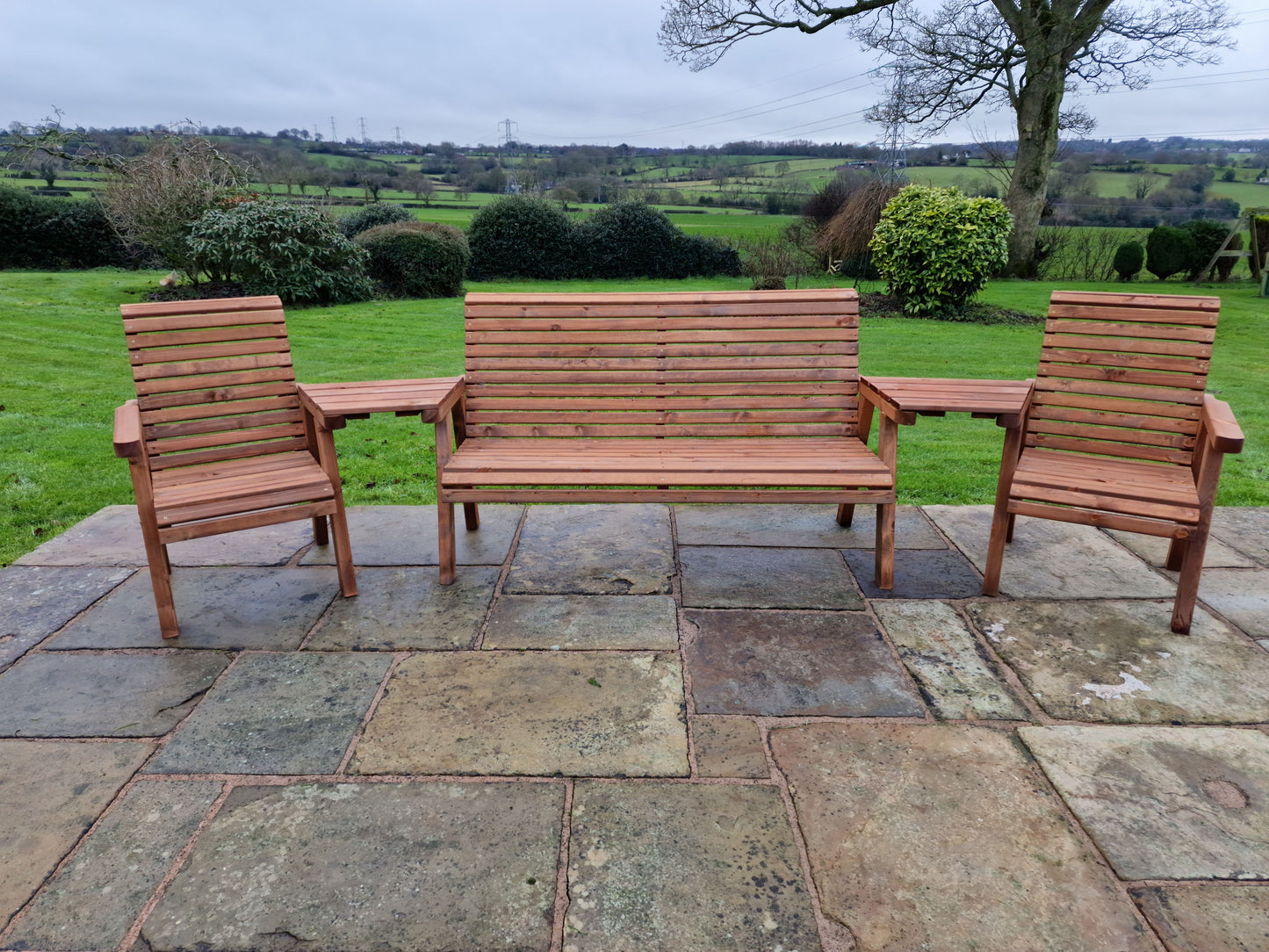 Classic Redwood 5 Seat Set 2 x Chair 1 x Bench - Angled Trays
