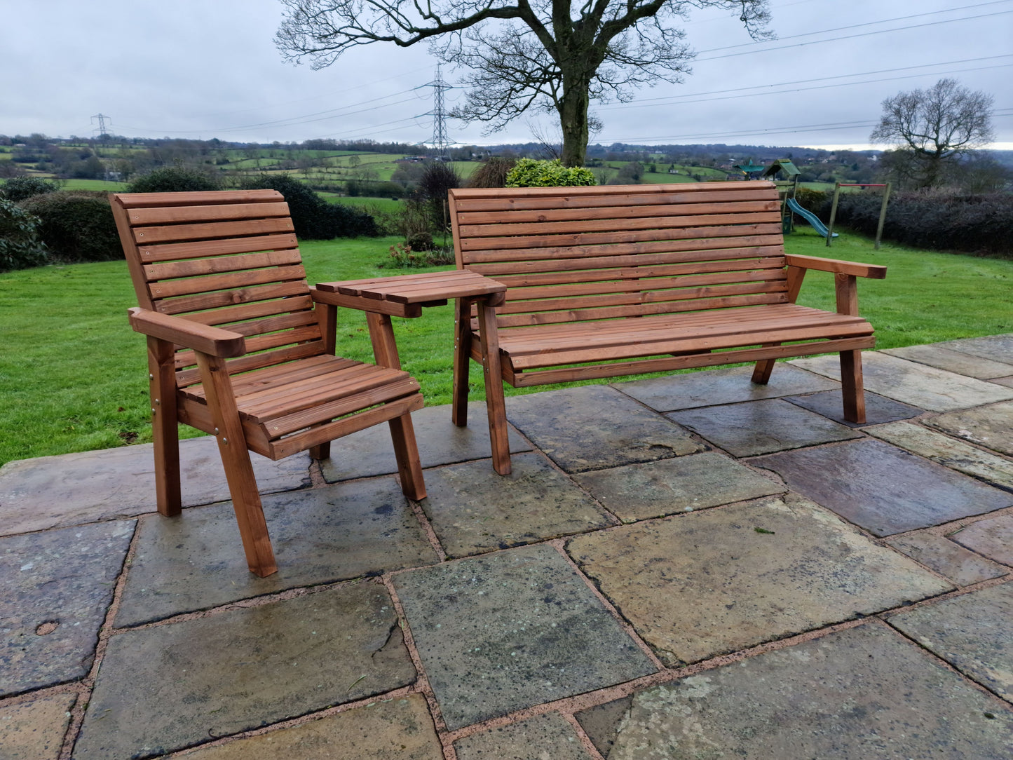 Classic Redwood 4 Seat Set 1 x Chair 1 x Bench - Angled Tray