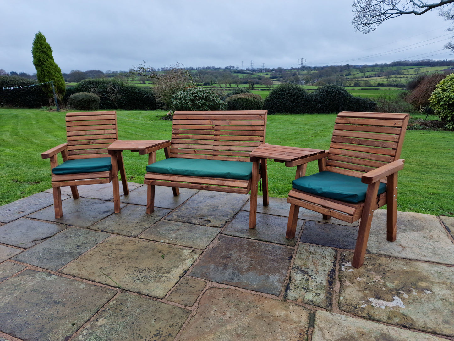 Classic Redwood 4 Seat Set 2 x Chairs 1 x Bench - Angled Trays
