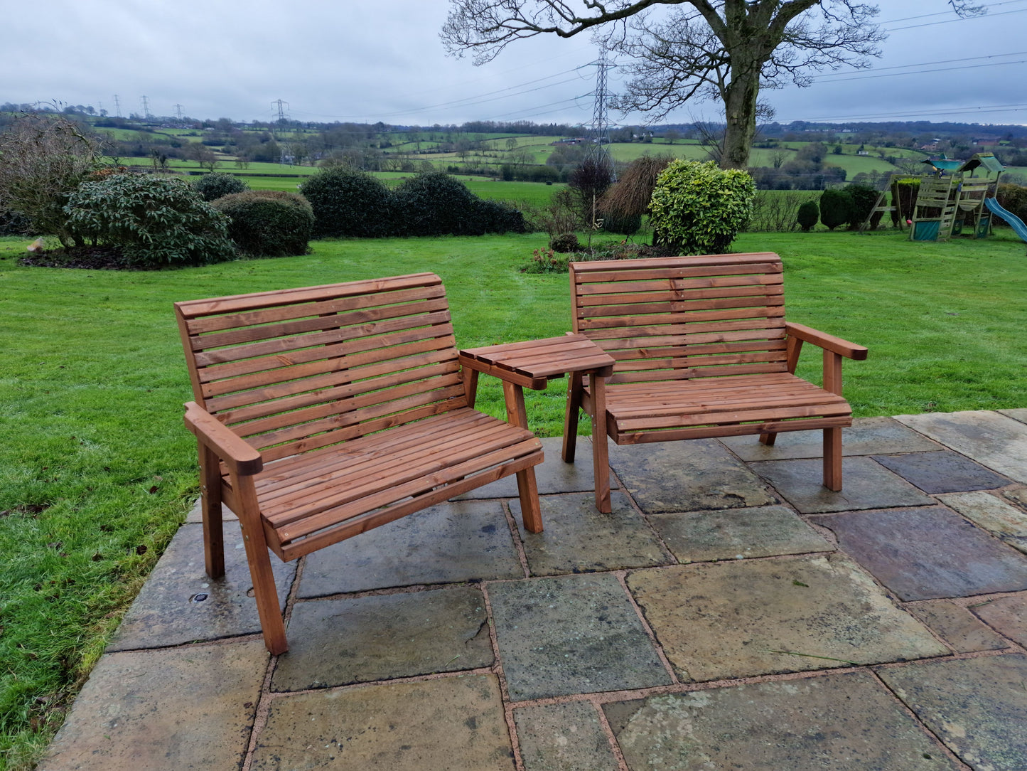 Classic Redwood 4 Seat Set 2 x Benches - Angled Tray