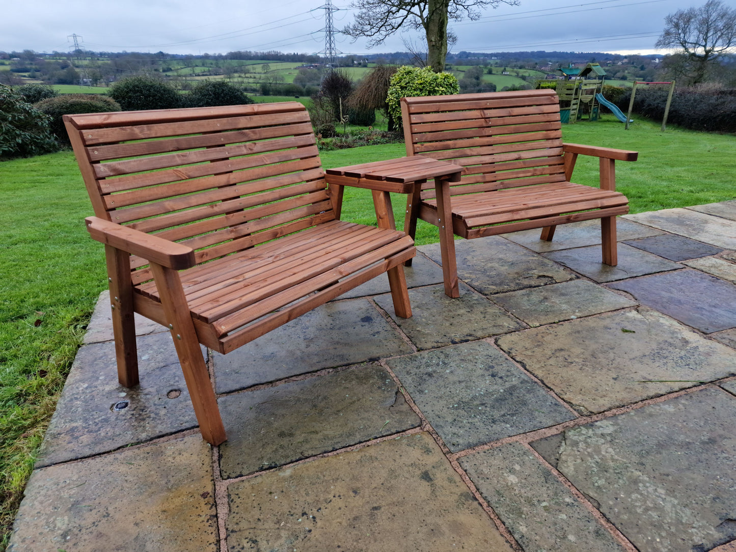 Classic Redwood 4 Seat Set 2 x Benches - Angled Tray