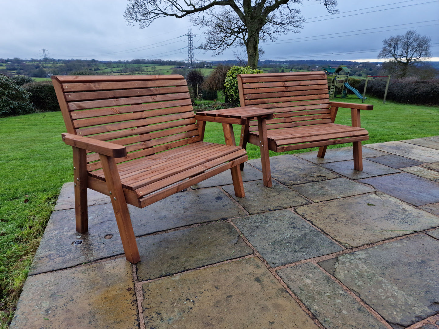 Classic Redwood 4 Seat Set 2 x Benches - Angled Tray