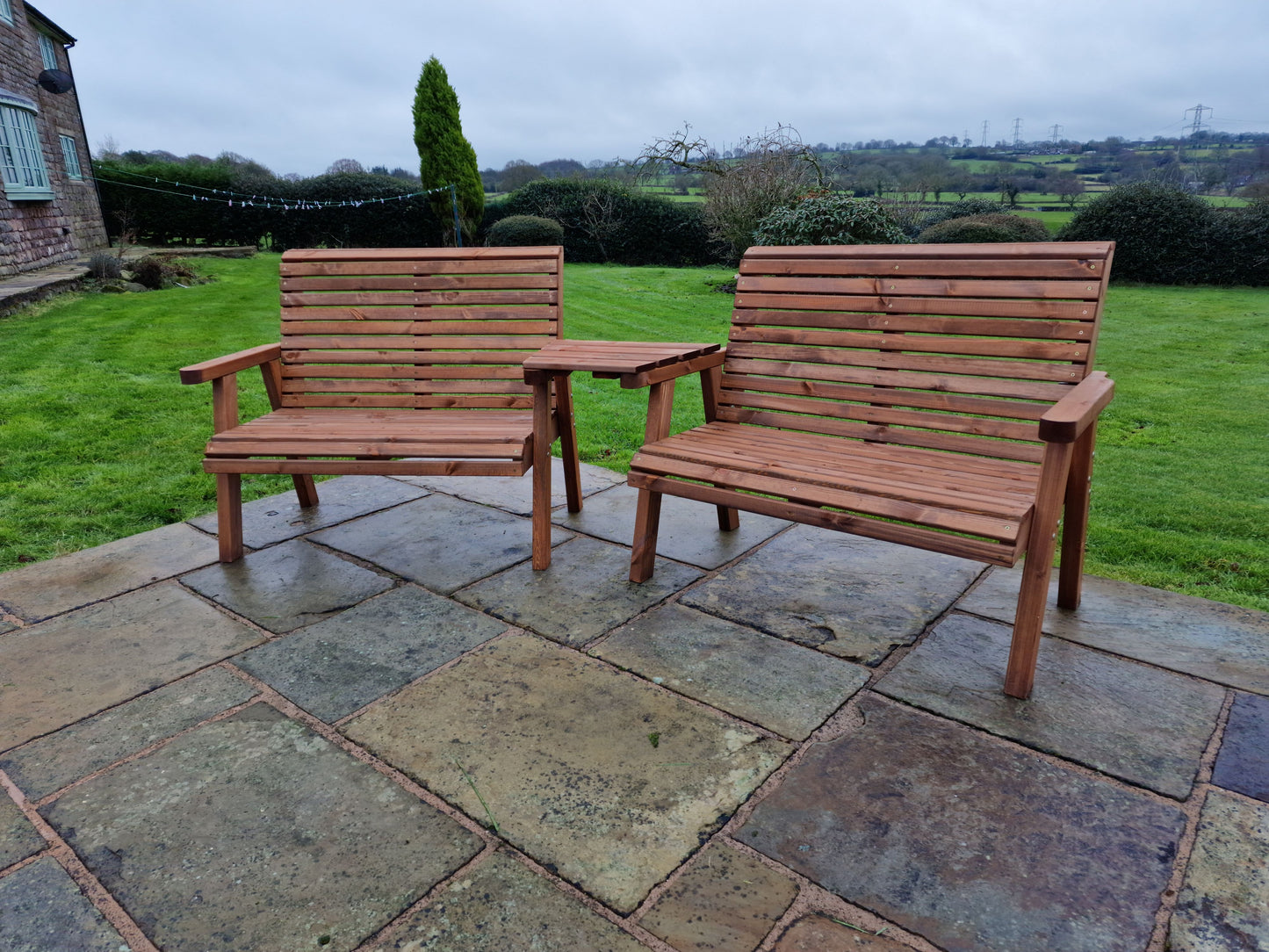Classic Redwood 4 Seat Set 2 x Benches - Angled Tray