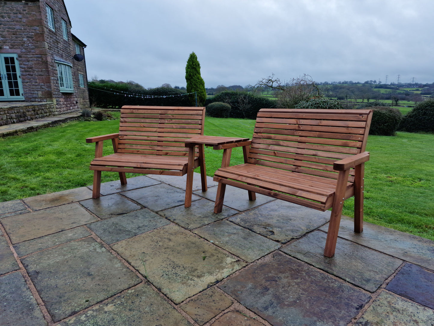 Classic Redwood 4 Seat Set 2 x Benches - Angled Tray