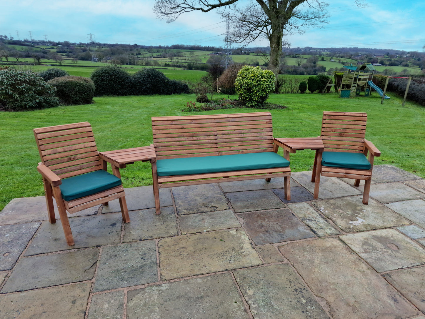 Classic Redwood 5 Seat Set 2 x Chair 1 x Bench - Angled Trays
