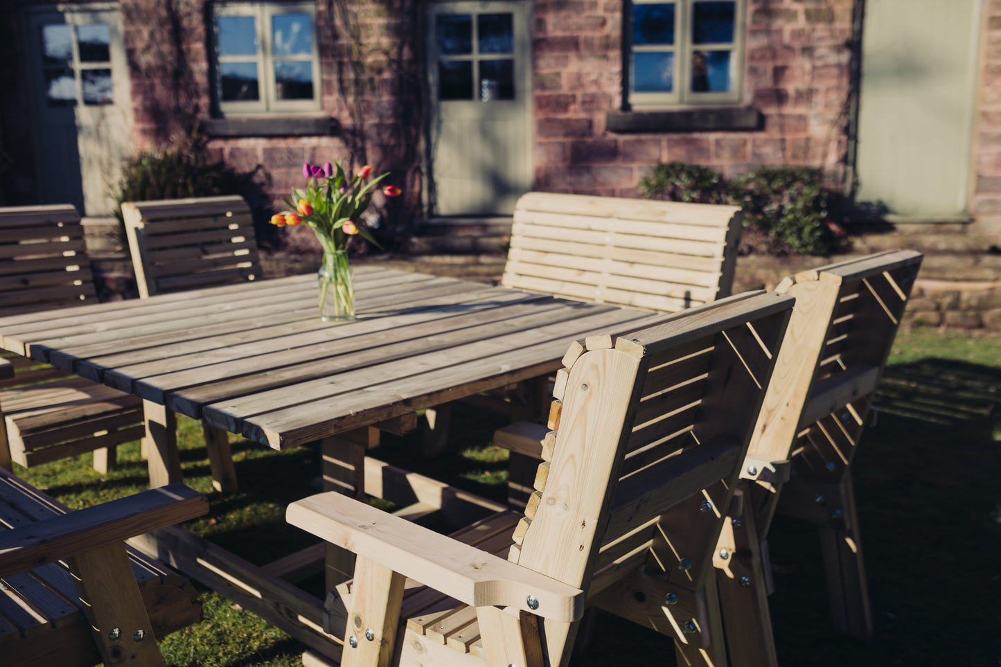 Square wooden garden dining set with mixed seating