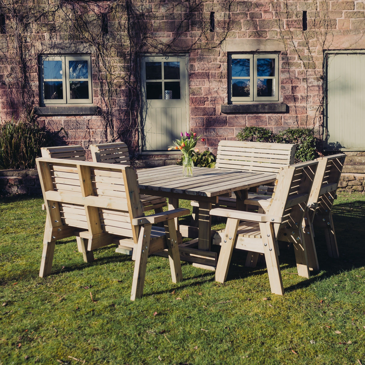 Heritage Tanalised 8 seater square dining set with benches and chairs