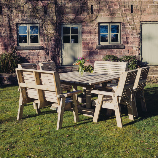 Heritage Tanalised 8 seater square dining set with benches and chairs