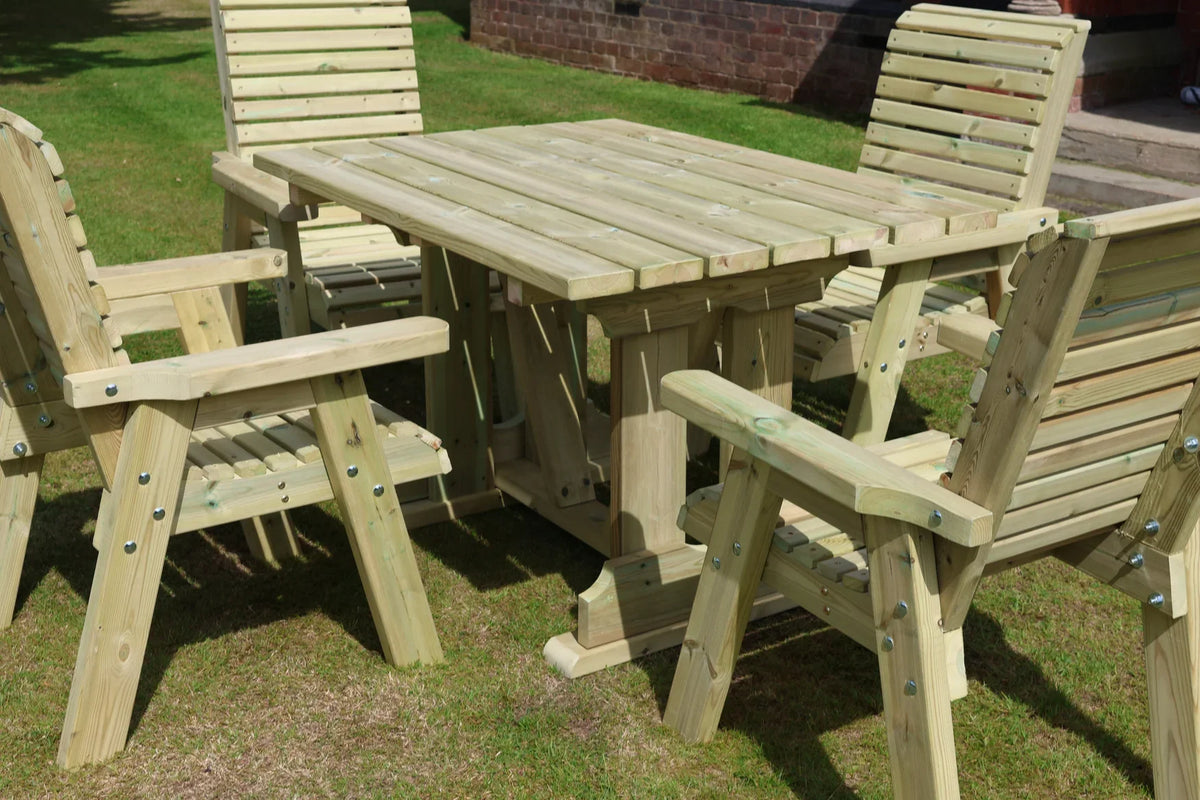 Close detail of Heritage square timber table and chairs