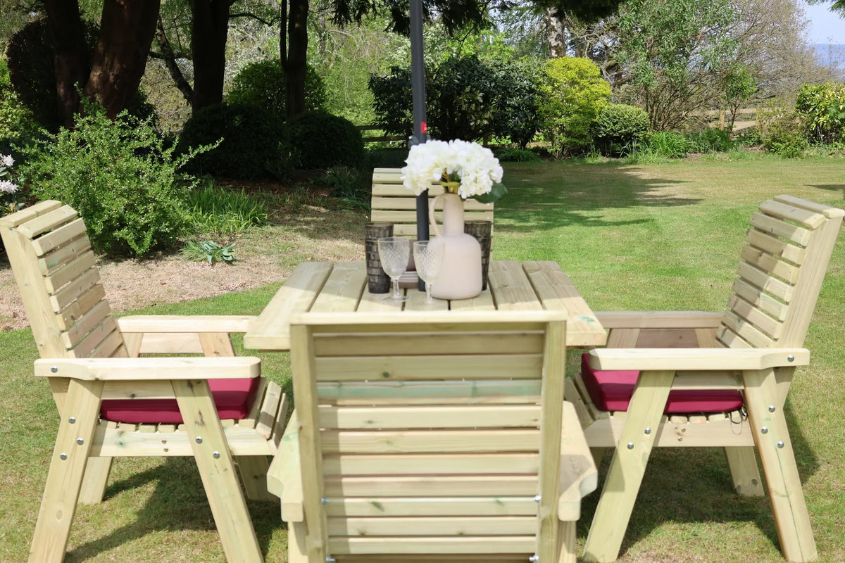 Front view of Heritage four seat square table set with cushions