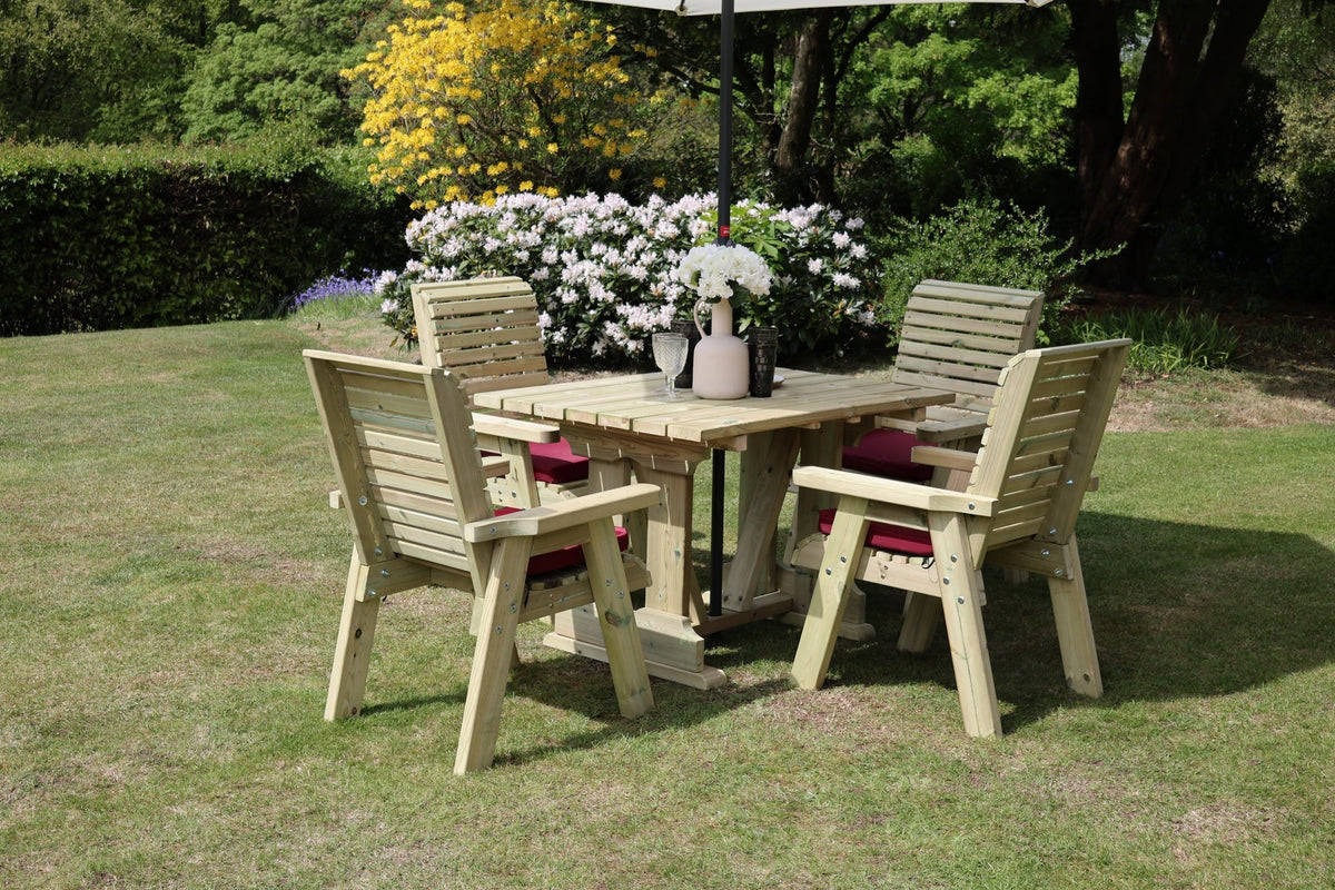 Heritage Tanalised 4 Seat Square Table Set with burgundy seat cushions