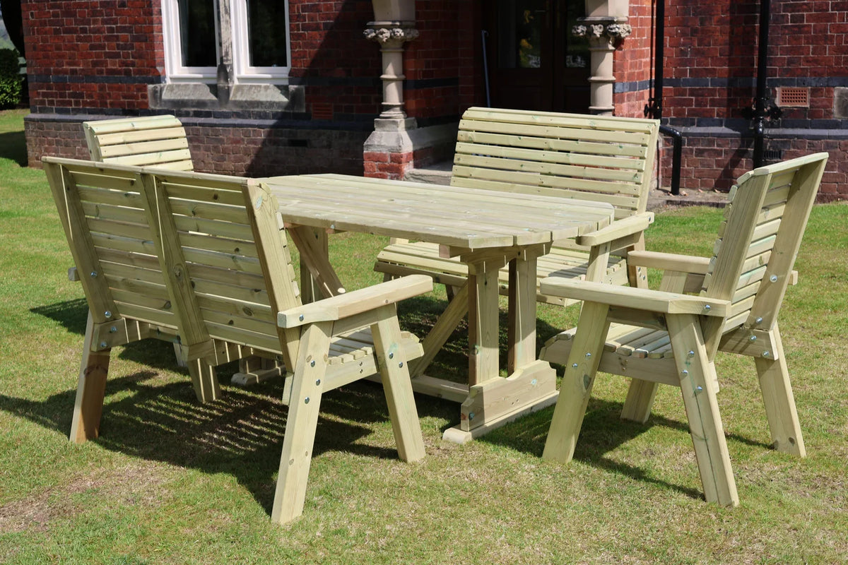 Rear view showing construction of Heritage Tanalised chairs, benches and dining table