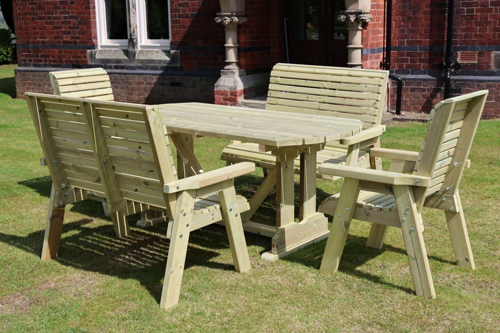 Rear view showing construction of Heritage Tanalised chairs, benches and dining table