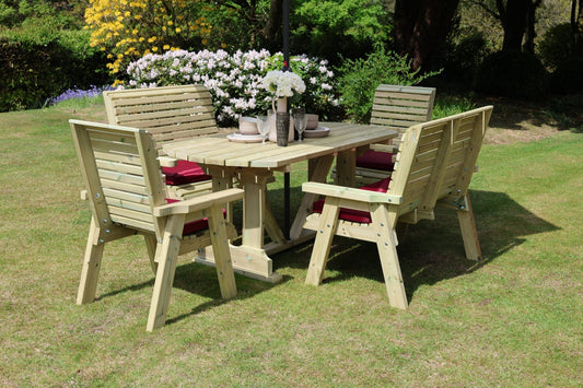 Heritage Tanalised 6 seat dining set with two chairs, two benches and burgundy cushions
