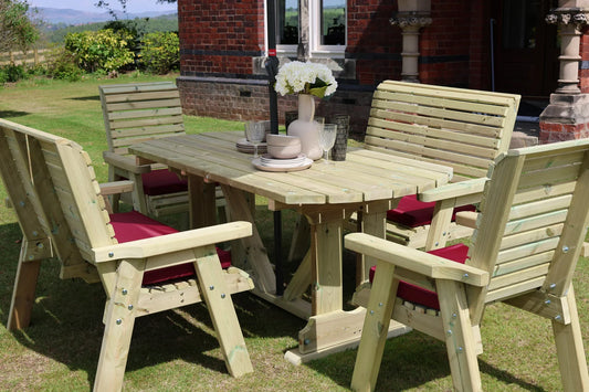 Heritage Tanalised six seat table set with chairs, benches and burgundy seat cushions
