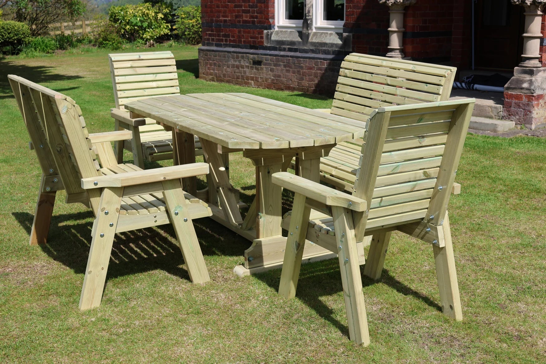 Angled view of uncushioned Heritage Tanalised 6 seat table set