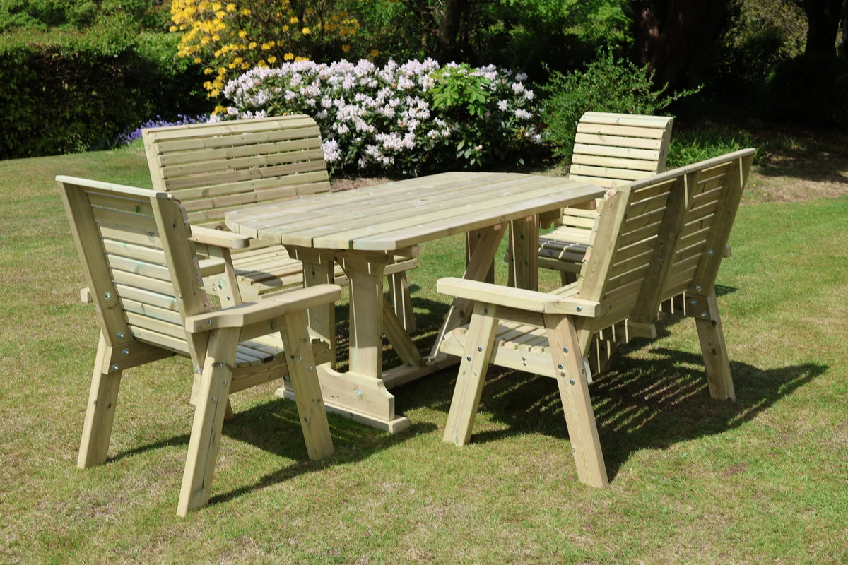 Uncushioned Heritage Tanalised six seat dining set with chairs and benches
