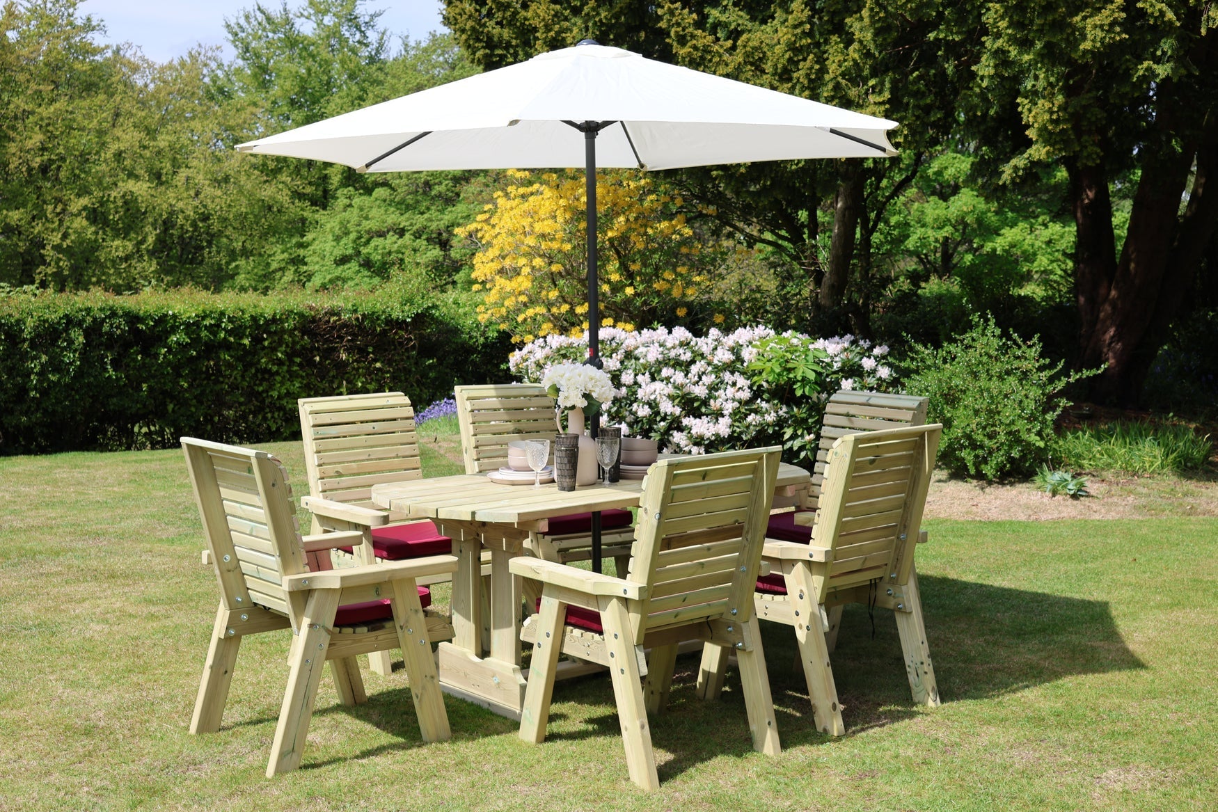 Heritage Tanalised 6 seat rectangular dining set with six chairs and burgundy cushions
