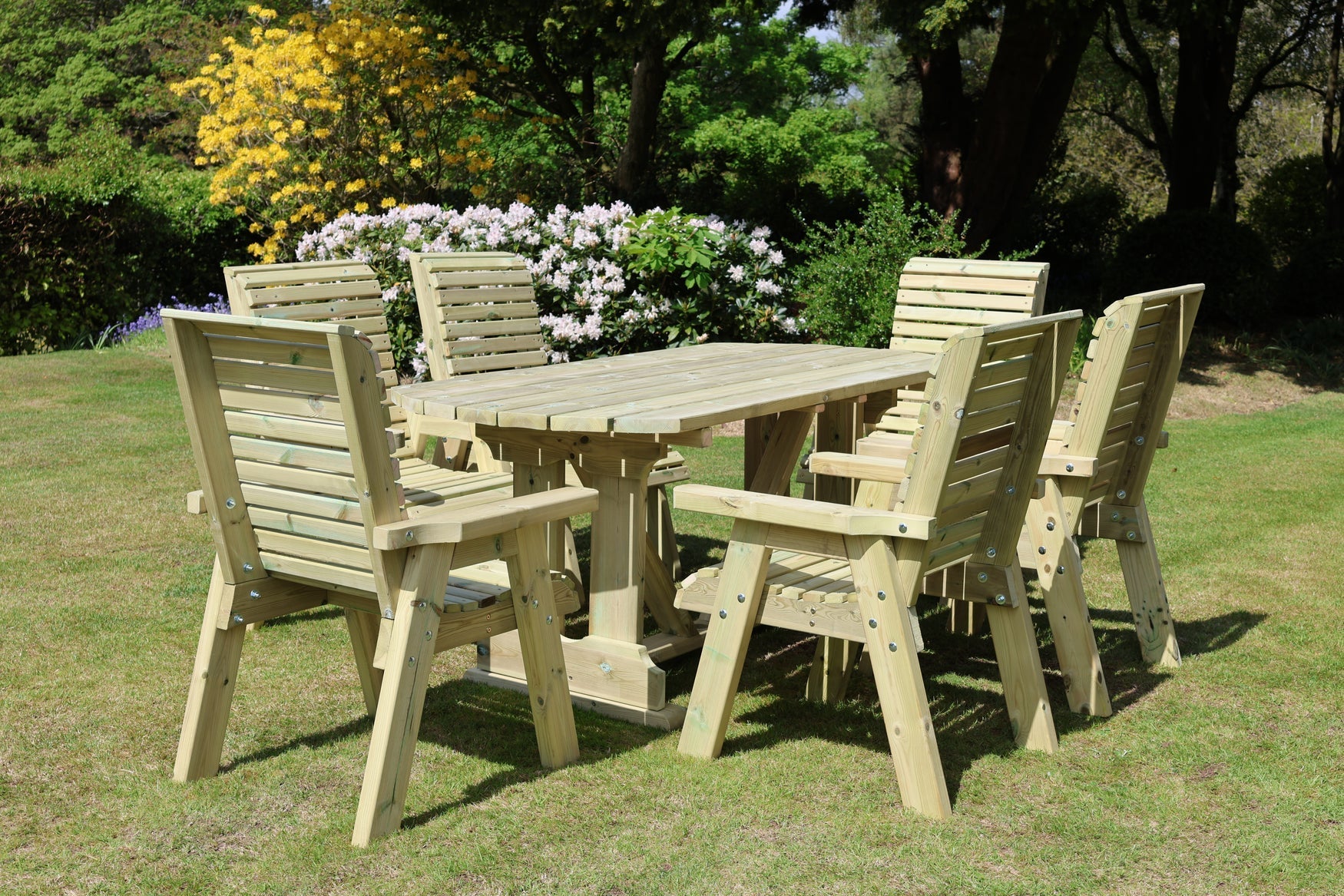 Uncushioned Heritage Tanalised 6 seat rectangular table set with chairs