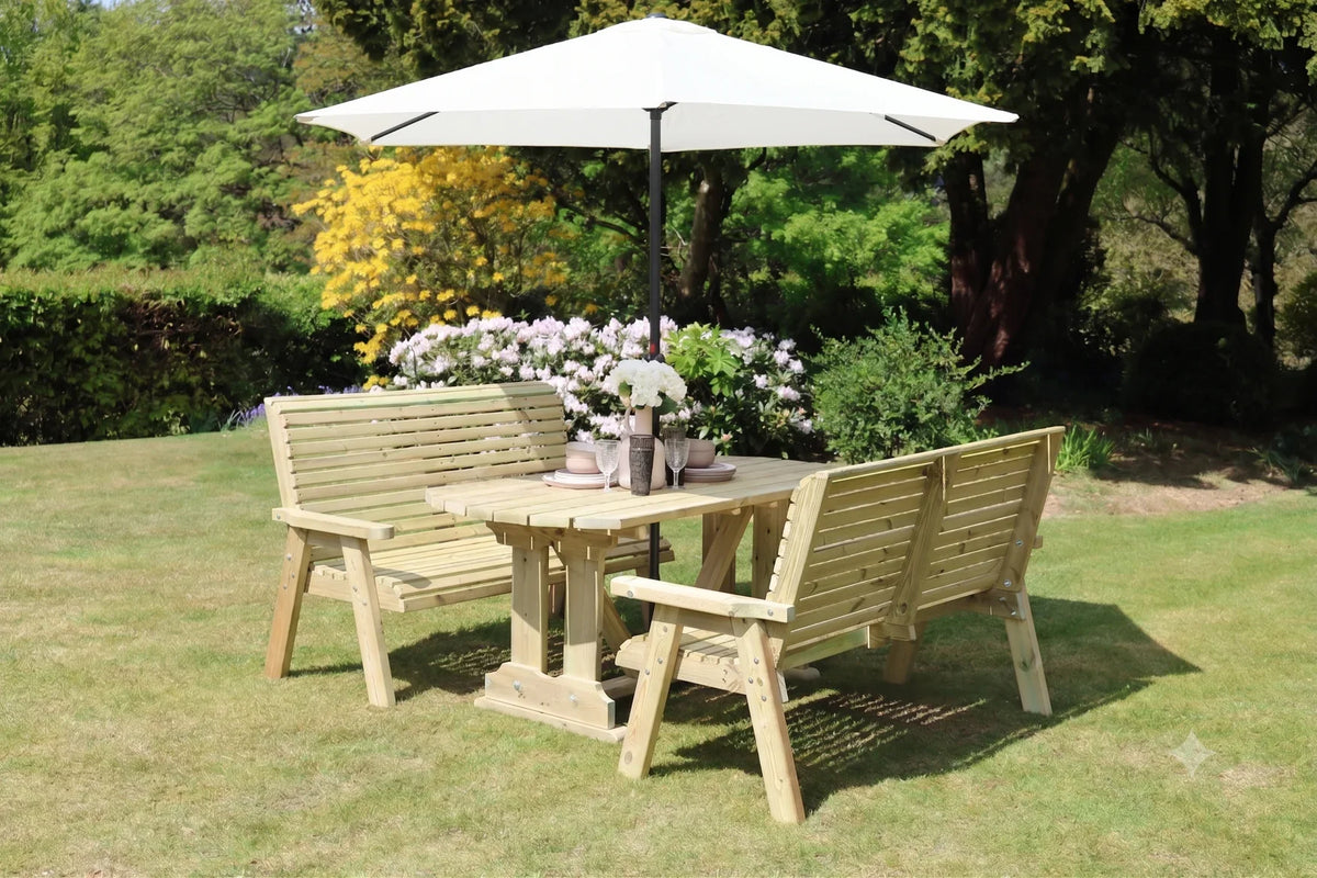 Heritage Tanalised 6 seat rectangular dining set with two benches styled with parasol
