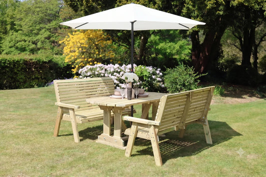 Heritage Tanalised 6 seat rectangular dining set with two benches styled with parasol