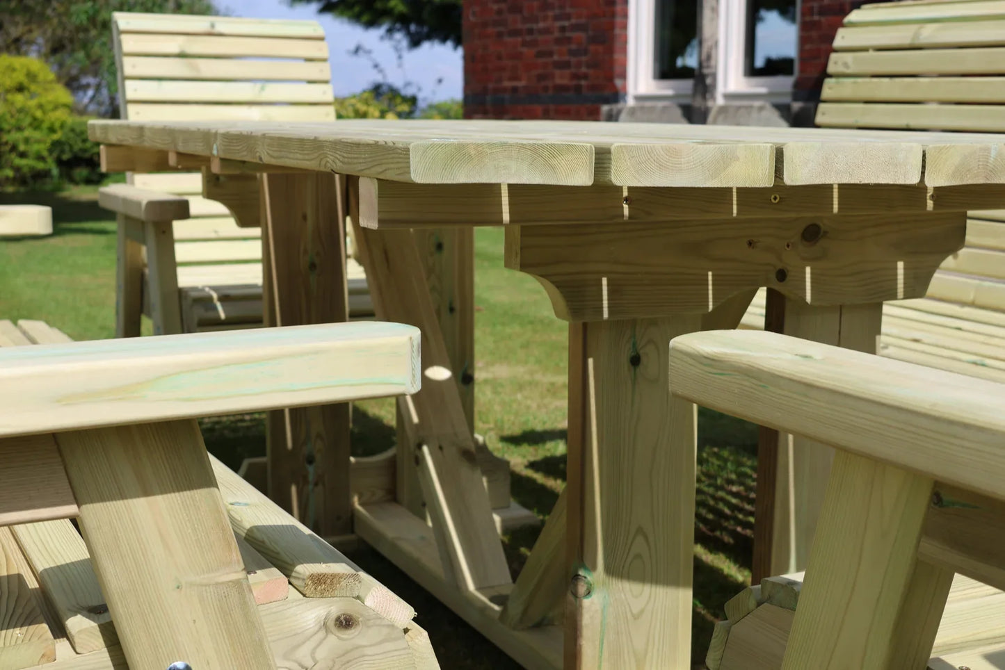 Close-up of the solid timber construction on the Heritage Tanalised rectangular table set