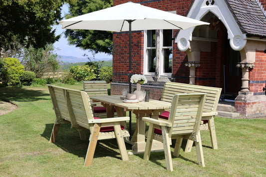 Heritage Tanalised 8 seat rectangular dining set with two benches, two chairs and burgundy cushions