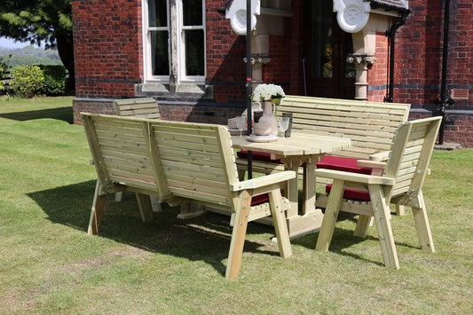 Styled Heritage Tanalised rectangular table set with two benches, two chairs and cushions