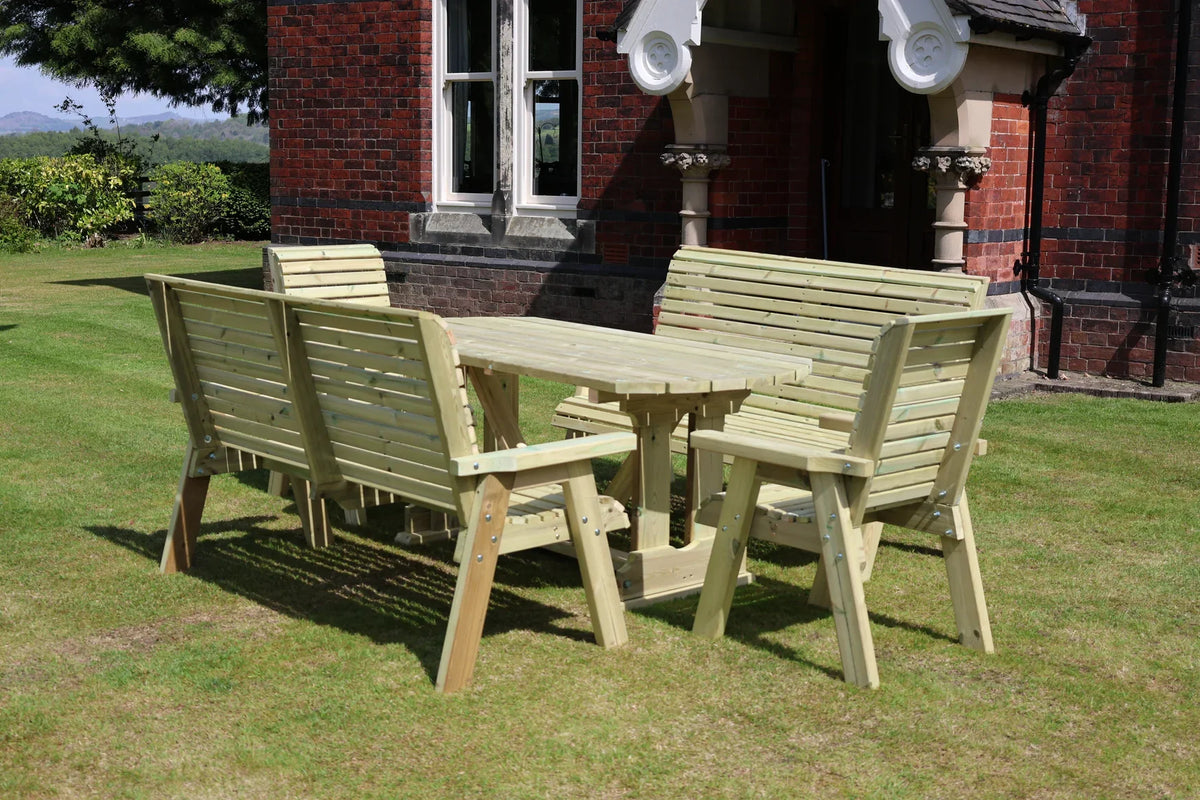 Uncushioned Heritage Tanalised 8 seat rectangular set with benches and chairs