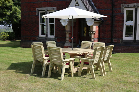 Heritage Tanalised square garden dining set with eight chairs, cushions and parasol