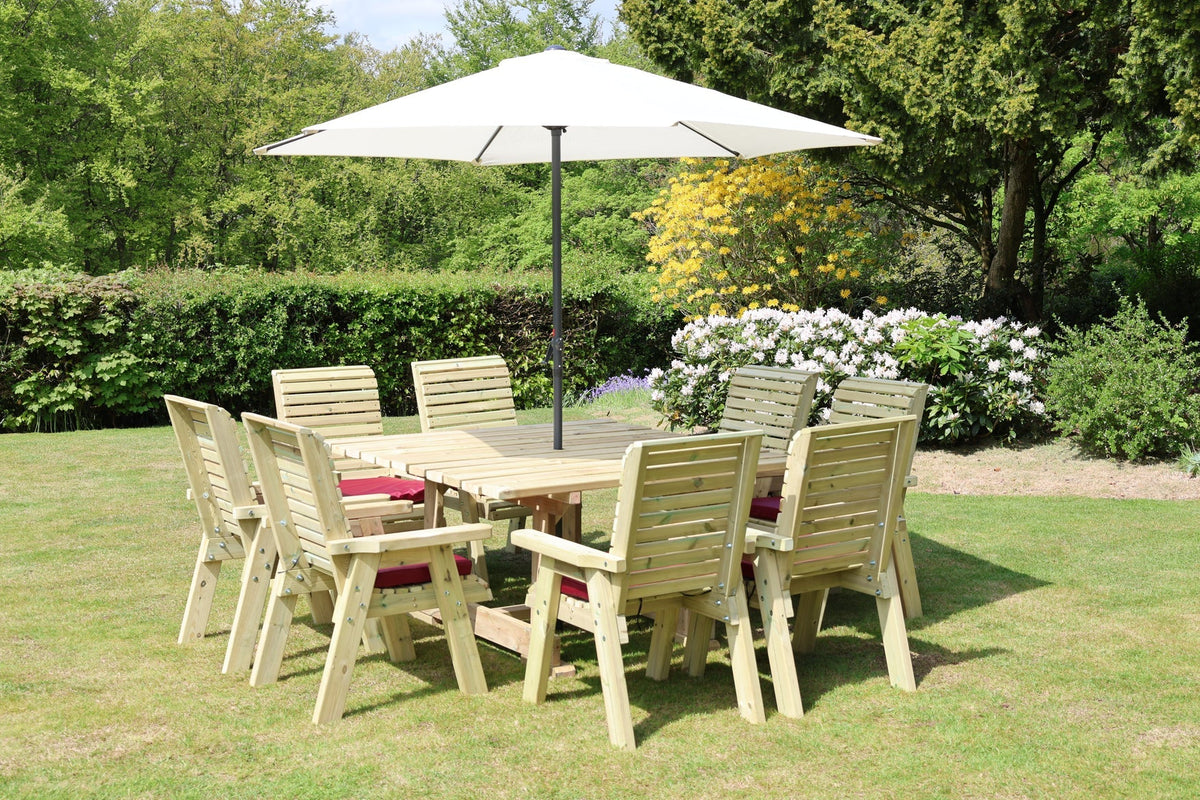 Heritage Tanalised 8 seat square dining set with eight chairs and burgundy cushions