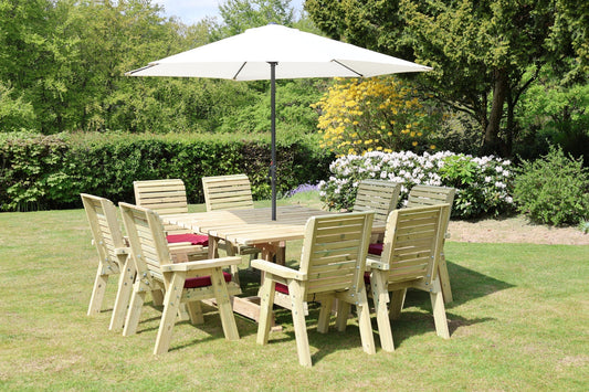 Heritage Tanalised 8 seat square dining set with eight chairs and burgundy cushions