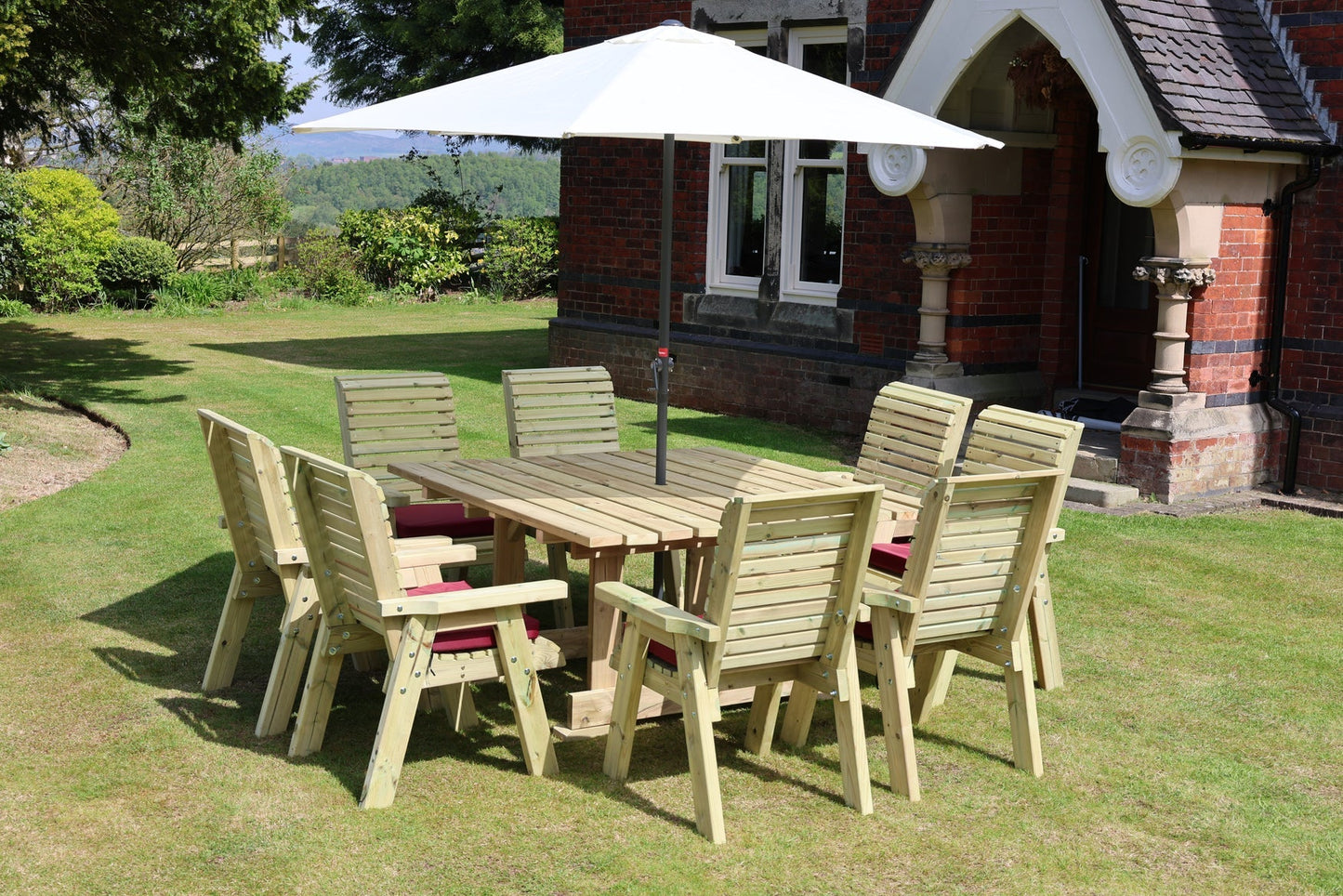 Wide angled view of Heritage Tanalised 8 seater square table set with chairs