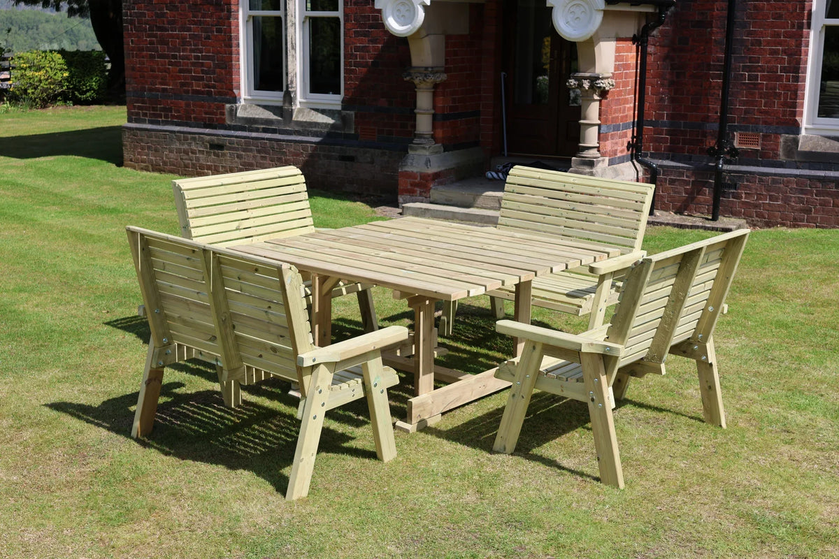 Angled uncushioned view of Heritage Tanalised square dining set with benches