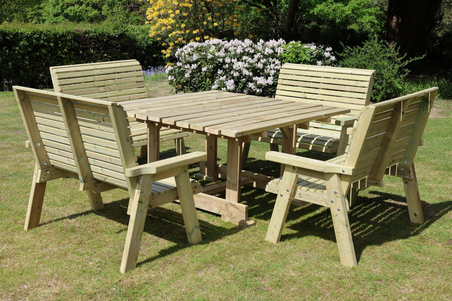 Rear view showing the construction of four Heritage Tanalised benches and square table